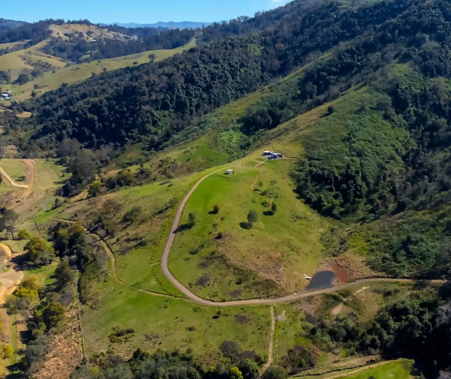Aerial view of The Sunset Shanty tiny house and its secluded hinterland setting